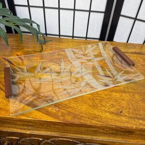 MCM Hawaiian Floral Bamboo Etched Glass Trays Rectangle Wood Handle